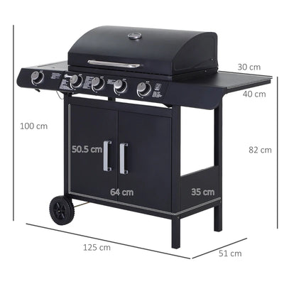 Outsunny Barbecue a Gas a 5 Fornelli con Ripiani Laterali e Armadietto, in Acciaio e PP, 125x51x100 cm, Nero