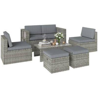 Outsunny Set da Esterno 6pz con Divano, 2 Sedie, Tavolino con Piano in Vetro e 2 Pouf, Grigio Scuro