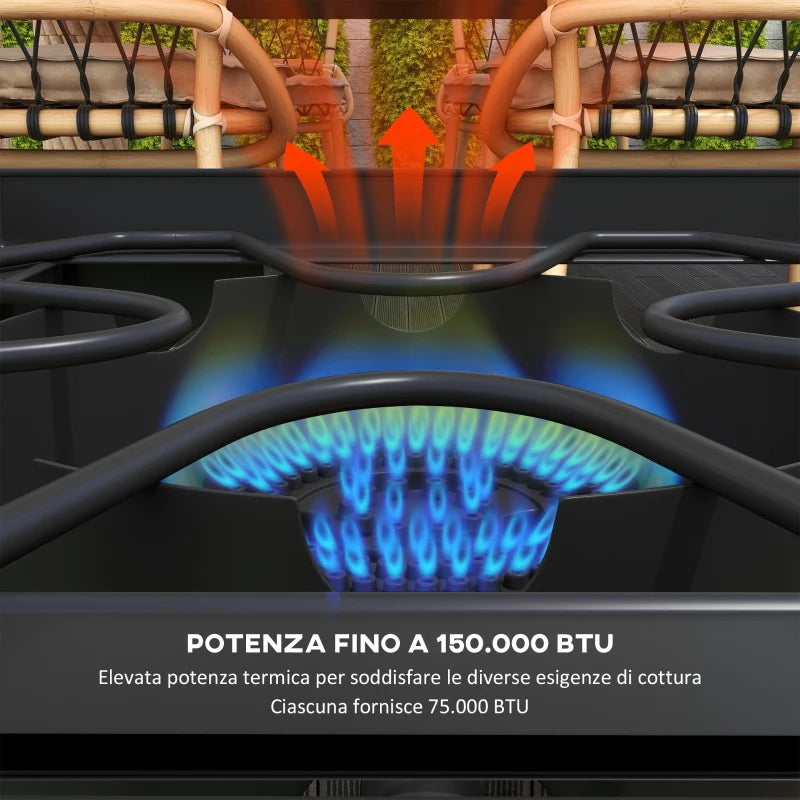 Outsunny Fornello a Gas da Campeggio con 2 Bruciatori 150,000 BTU in Metallo con Gambe Rimovibili, Nero