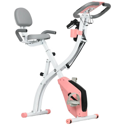 HOMCOM Cyclette Pieghevole 2 in 1, Resistenza Magnetica Regolabile 8 Livelli, Cyclette da Casa Silenziosa con Sensore Cardiaco, Sedile Regolabile, Bande Elastici, Schermo LCD, Ruote, Rosa