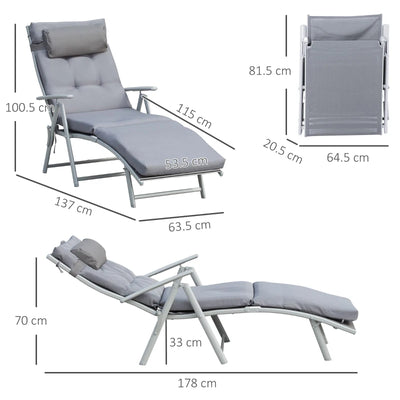 Outsunny Sdraio Da Giardino Pieghevole e Reclinabile su 7 Livelli con Cuscino e Materassino, 137x63.5x100.5 cm, Grigio