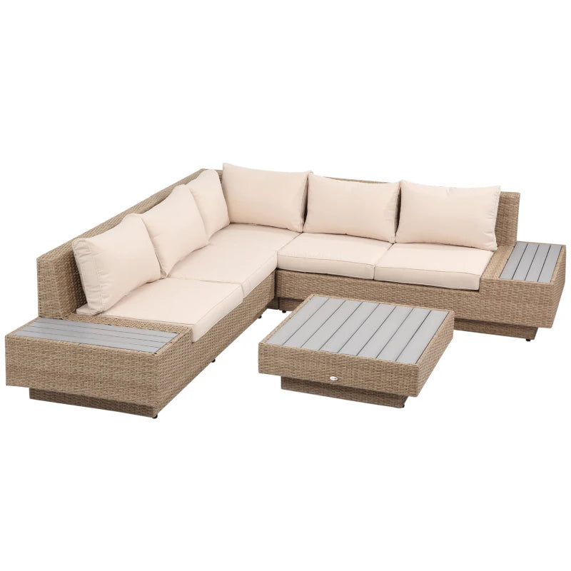 Outsunny Set da Giardino 4 Pezzi in Rattan, Divano Angolare con Cuscini e Tavolini, Nero e Marrone chiaro