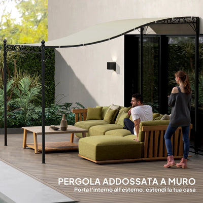 Outsunny Pergola Addossata Ricurva con 16 Fori di Drenaggio, in Metallo e Poliestere, 248x298x200/250 cm, Bianco Crema