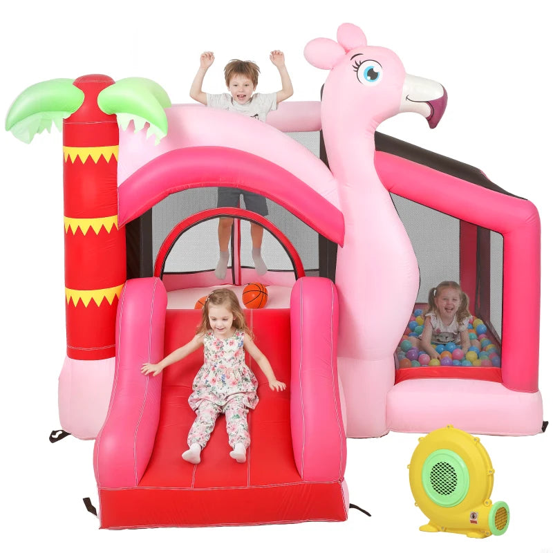AIYAPLAY Castello Gonfiabile per Bambini con Scivolo, Trampolino, Vasca di Palline e Canestro Basket, 255x230x196 cm, Rosa