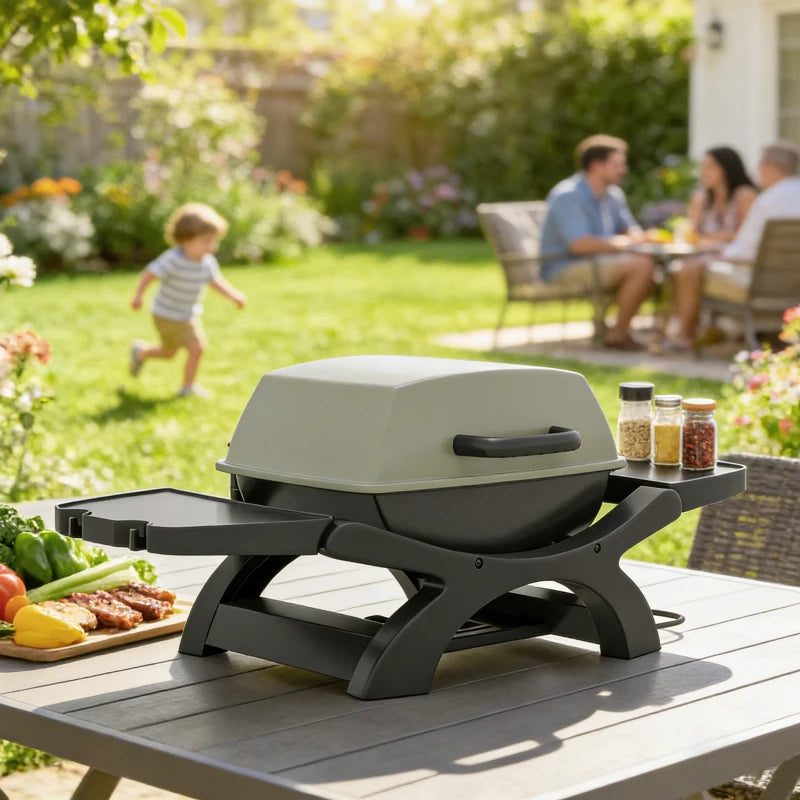 Outsunny barbecue elettrico 2300W, portatile da tavolo con ripiani laterali, colore nero.