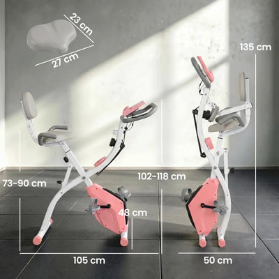 HOMCOM Cyclette Pieghevole 2 in 1, Resistenza Magnetica Regolabile 8 Livelli, Cyclette da Casa Silenziosa con Sensore Cardiaco, Sedile Regolabile, Bande Elastici, Schermo LCD, Ruote, Rosa