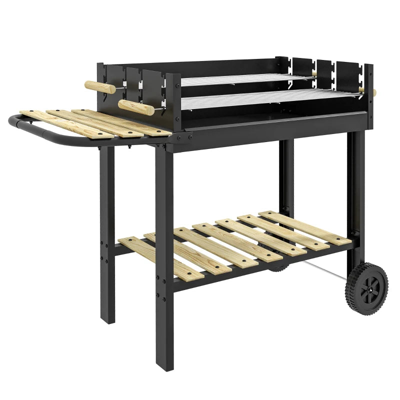 Outsunny Barbecue a Carbonella ad Altezza Regolabile con 2 Griglie e 2 Ripiani, in Metallo e Legno, 113x53.5x82.5 cm, Nera