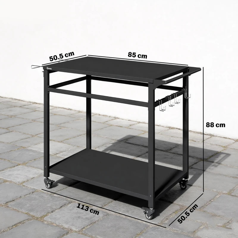 Outsunny Carrello Barbecue, 2 Ripiani, Supporto Pizza, Portasacchi e Ganci, Nero.