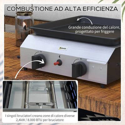 Outsunny Piastra Barbecue a Gas con 2 Bruciatori, Piano Antiaderente e Potenza 4.8kw, Argento