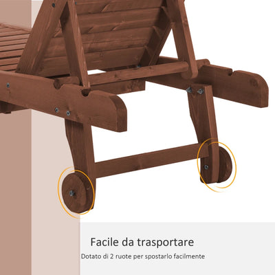 Outsunny Lettino Prendisole in Legno, Lettino Sdraio da Giardino con Ruote e Vassoio Estraibile 182x60x35cm