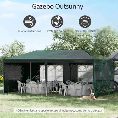 Outsunny Gazebo da Giardino 6x3 m per Eventi con Pareti Rimovibili e Finestre Trasparenti, Verde