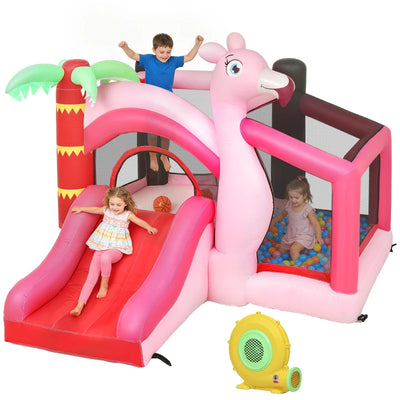 AIYAPLAY Castello Gonfiabile per Bambini con Scivolo, Trampolino, Vasca di Palline e Canestro Basket, 255x230x196 cm, Rosa