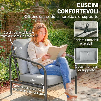 Outsunny Salotto da Giardino 4 Pezzi in Acciaio con Divano 2 Posti, 2 Poltrone e Tavolino, Grigio Chiaro