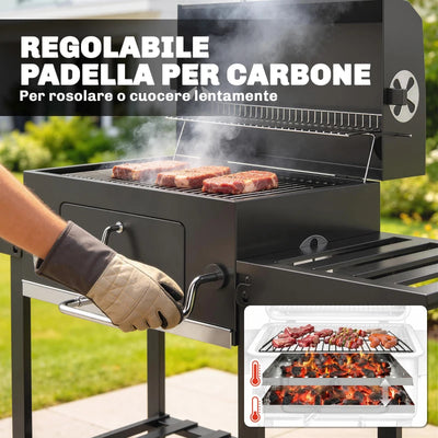 Outsunny Barbecue a Carbone a Rotelle con Griglia Regolabile e Ripiani Pieghevoli, in Acciaio e PP, 133.5x65x110 cm, Nero