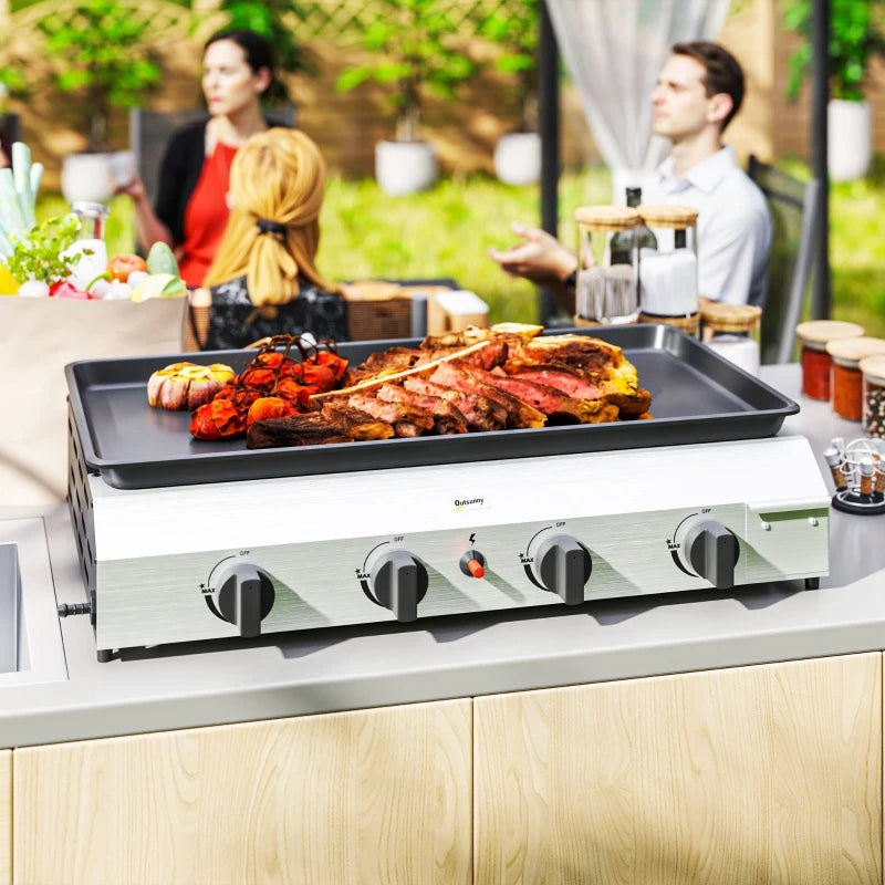 Outsunny Piastra Barbecue a Gas con 4 Bruciatori da 2.4kw e Piano Antiaderente, 77x44.5x19cm, Argento