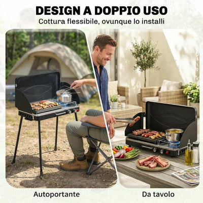 Outsunny BBQ a Gas Propano Portatile 2-in-1 con Griglia e Fornello, 7KW, Nero