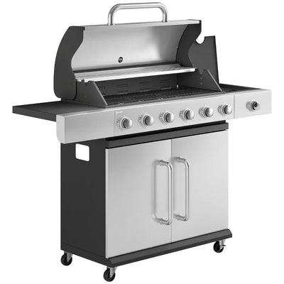 Outsunny Gas Barbecue, 6 Burners, Side Burner, Cast Iron Grill, Cabinet Included.