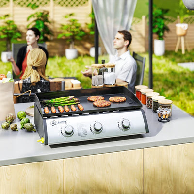 Outsunny Piastra a Gas in Acciaio Smaltato con 3 Bruciatori Potenza 7.5kW, 3 Zone di Cottura e Coperchio, Nero