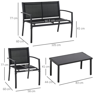 Outsunny Salotto da Esterno, Set 4 Pezzi con 1 Tavolino, 2 Sedie da Giardino e 1 Panca in Metallo, Nero