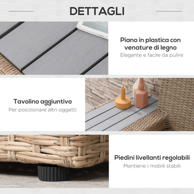 Outsunny Set da Giardino 4 Pezzi in Rattan, Divano Angolare con Cuscini e Tavolini, Nero e Marrone chiaro