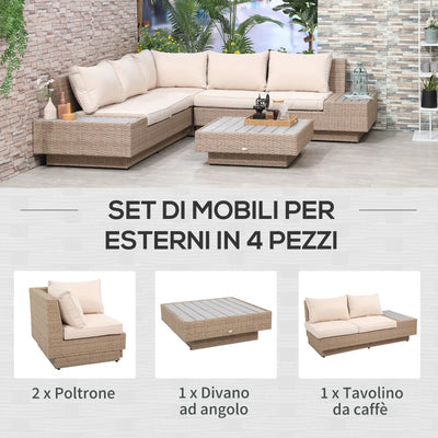 Outsunny Set da Giardino 4 Pezzi in Rattan, Divano Angolare con Cuscini e Tavolini, Nero e Marrone chiaro