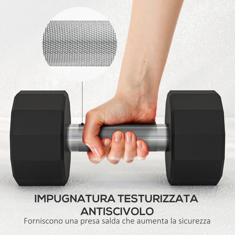 SPORTNOW Set 2 Manubri a 12 Lati da 12 kg in Metallo e Gomma con Impugnatura Antiscivolo, 26x14x14 cm, Nero