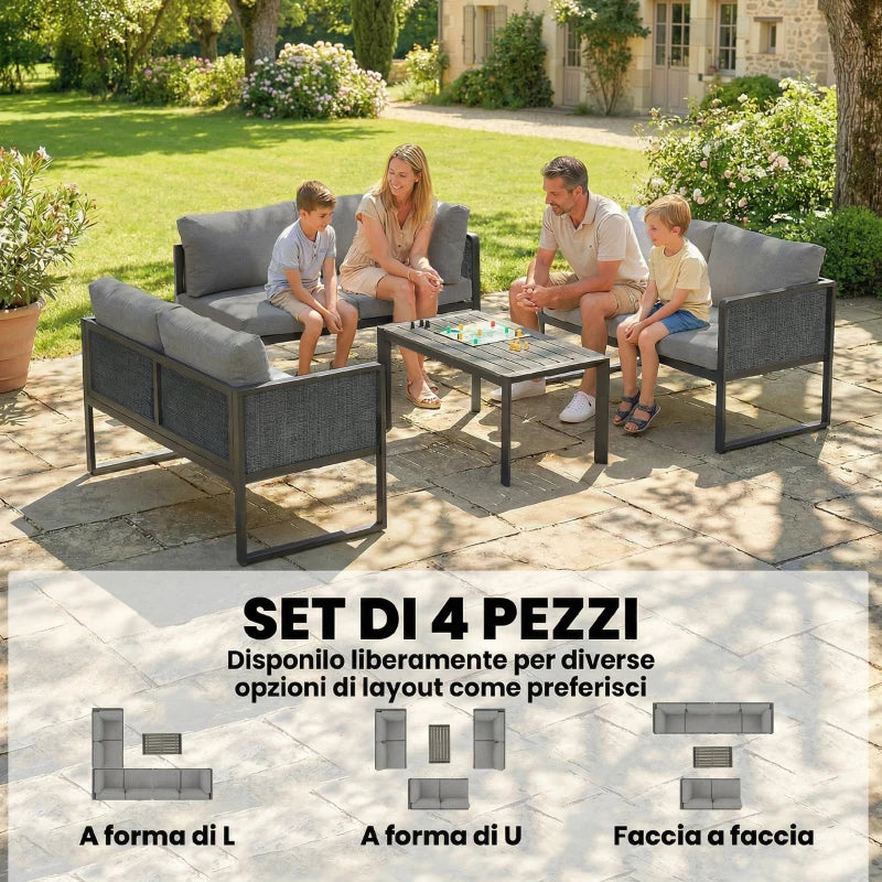 Outsunny Set Divano Angolare da Giardino in Metallo, 3 Poltrone, Tavolino Effetto Legno, Grigio Scuro