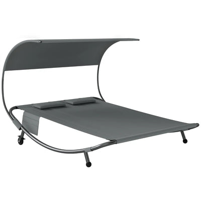 Outsunny Lettino Prendisole Doppio con Baldacchino Rimovibile, Ruote, Cuscini e Tasche, Grigio