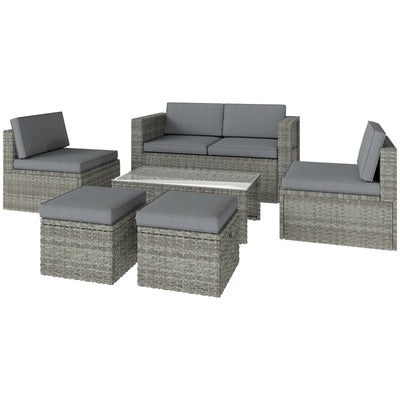 Outsunny Set da Esterno 6pz con Divano, 2 Sedie, Tavolino con Piano in Vetro e 2 Pouf, Grigio Scuro