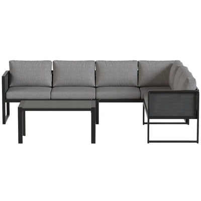 Outsunny Set Divano Angolare da Giardino in Metallo, 3 Poltrone, Tavolino Effetto Legno, Grigio Scuro