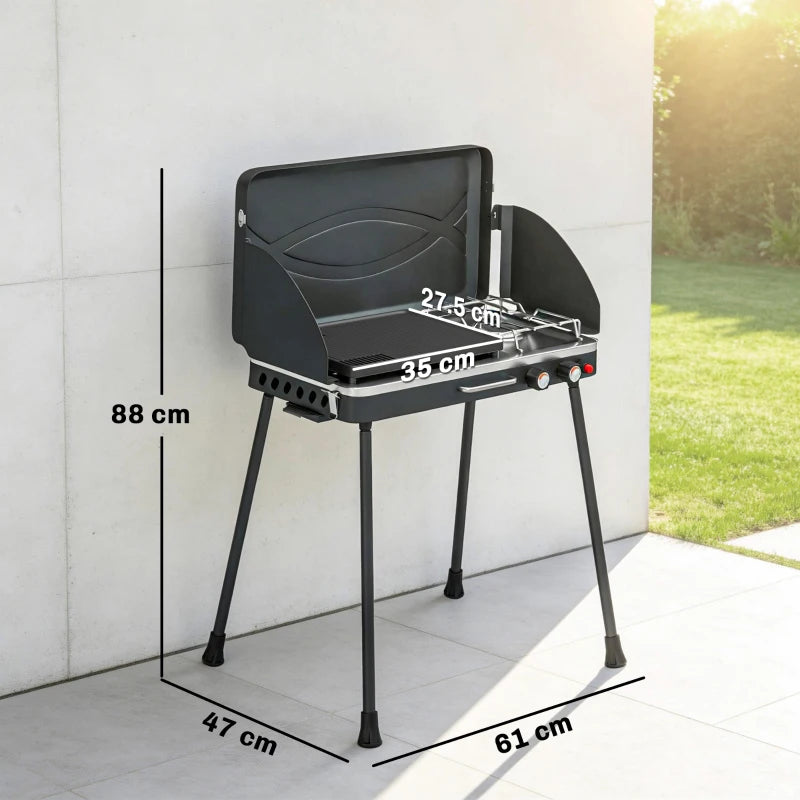 Outsunny BBQ a Gas Propano Portatile 2-in-1 con Griglia e Fornello, 7KW, Nero