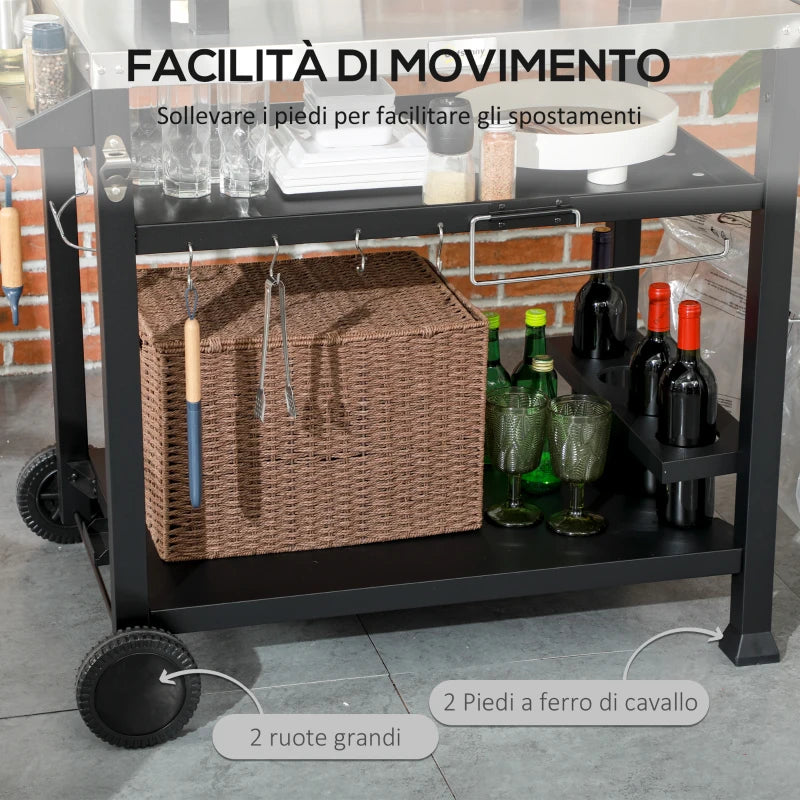 Outsunny Carrello Barbecue con Tavolino Pieghevole in Acciaio Inox, 2 Ruote e Accessori, 125x65x84 cm, Nero