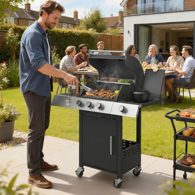 Outsunny Barbecue a Gas con 3 Fuochi e Bruciatore Laterale, 109x50x109 cm, Nero