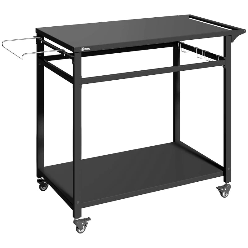 Outsunny Carrello Barbecue, 2 Ripiani, Supporto Pizza, Portasacchi e Ganci, Nero.