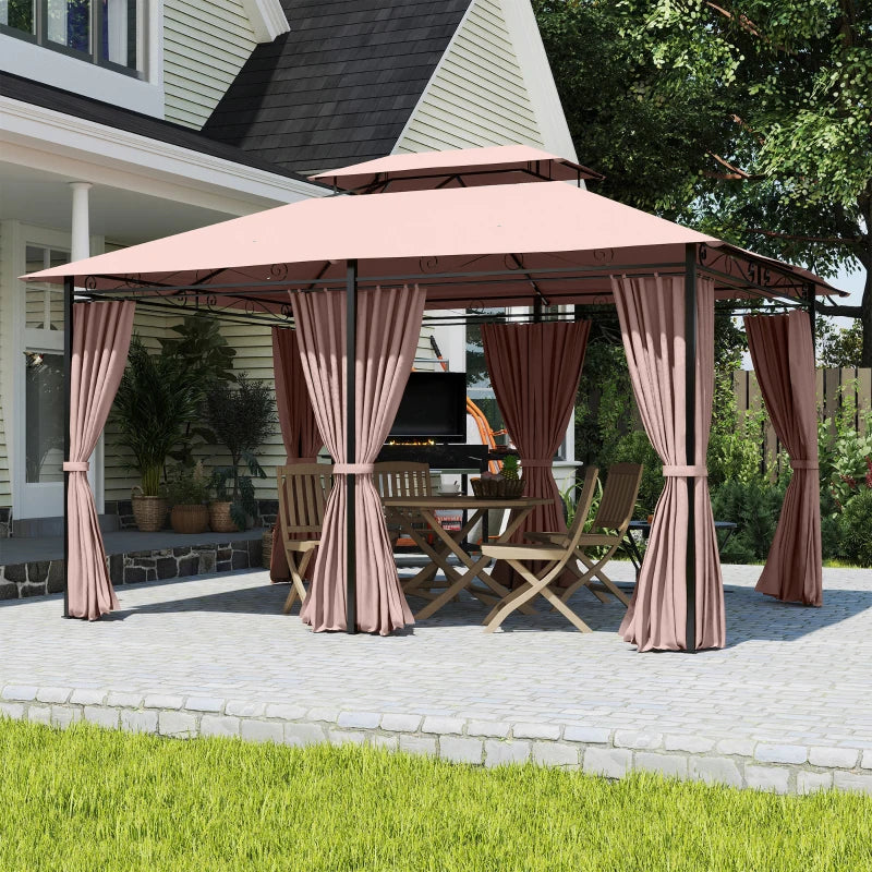 Outsunny Gazebo da Giardino 4x3m con Doppio Tetto e Tende Laterali in Acciaio e Poliestere, Color Cachi