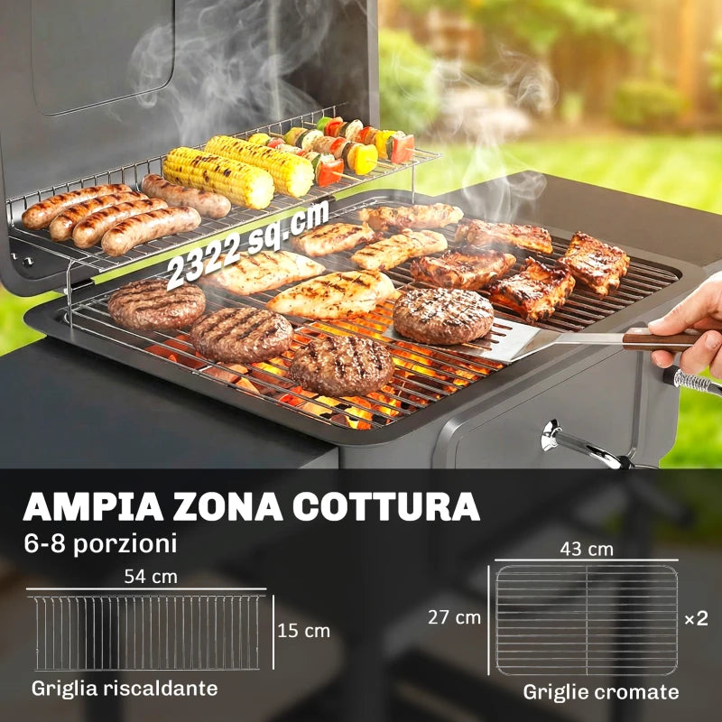 Outsunny Barbecue a Carbone, Affumicatore Portatile con Ventilazione, Termometro e Mensole Laterali, Nero