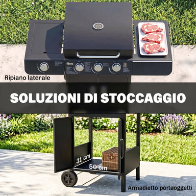 Outsunny Barbecue a Gas con Coperchio, 4 Bruciatori da 11.6kW, Fornello, Mensola e 2 Ruote, 110x50x100cm Nero