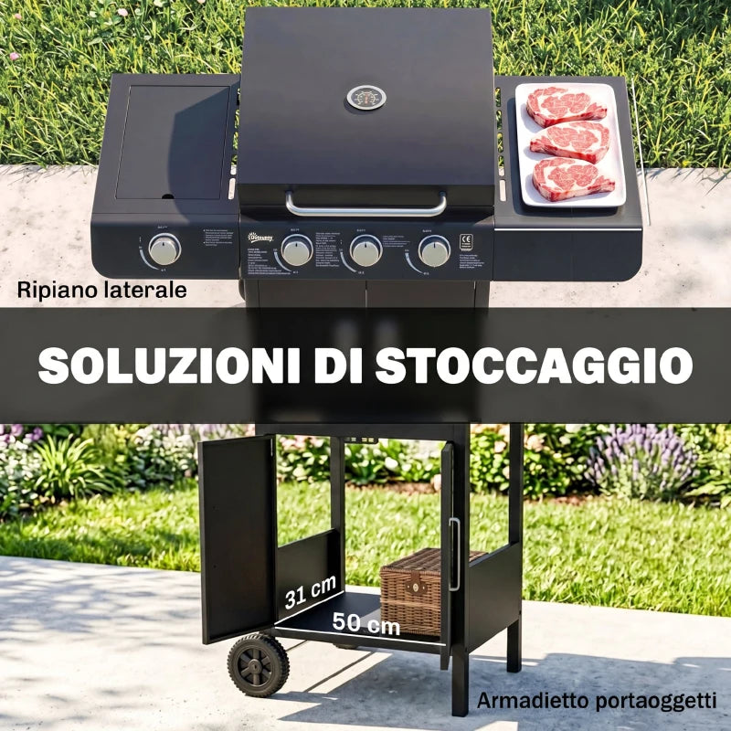Outsunny Barbecue a Gas con Coperchio, 4 Bruciatori da 11.6kW, Fornello, Mensola e 2 Ruote, 110x50x100cm Nero