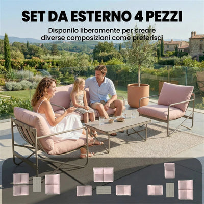 Outsunny Set da Giardino 4 Persone: Divanetto, Poltrone, Tavolo, Metallo, Rosa