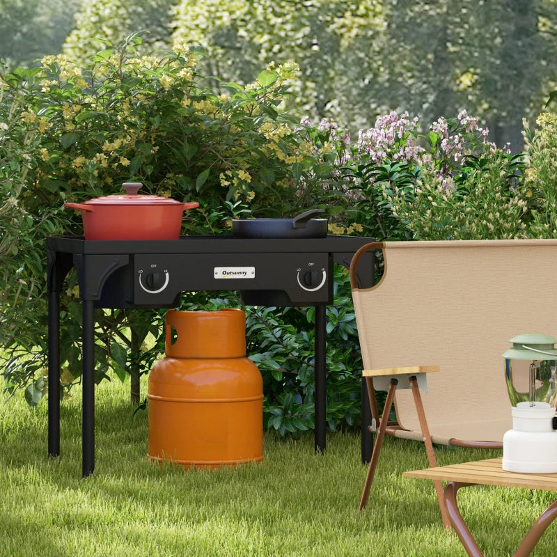 Outsunny Fornello a Gas da Campeggio con 2 Bruciatori 150,000 BTU in Metallo con Gambe Rimovibili, Nero