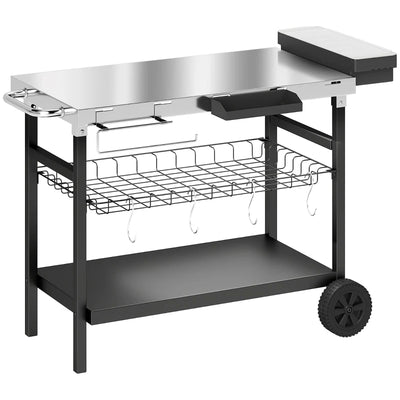 Outsunny Carrello Barbecue da Esterno con Piano in Acciaio Inossidabile, Porta Spezie, Ganci e Maniglia Laterale, Nero