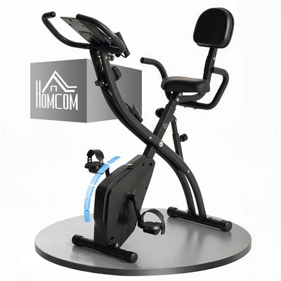 HOMCOM Cyclette Pieghevole 2 in 1, Resistenza Magnetica Regolabile 8 Livelli, Cyclette da Casa Silenziosa con Sensore Cardiaco, Sedile Regolabile, Bande Elastici, Schermo LCD, Ruote, Nero