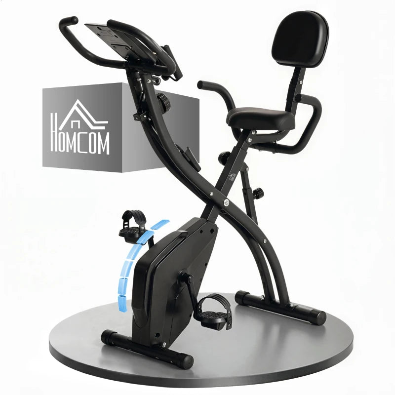 HOMCOM Cyclette Pieghevole 2 in 1, Resistenza Magnetica Regolabile 8 Livelli, Cyclette da Casa Silenziosa con Sensore Cardiaco, Sedile Regolabile, Bande Elastici, Schermo LCD, Ruote, Nero
