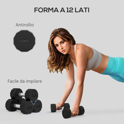 SPORTNOW Set 2 Manubri a 12 Lati da 12 kg in Metallo e Gomma con Impugnatura Antiscivolo, 26x14x14 cm, Nero