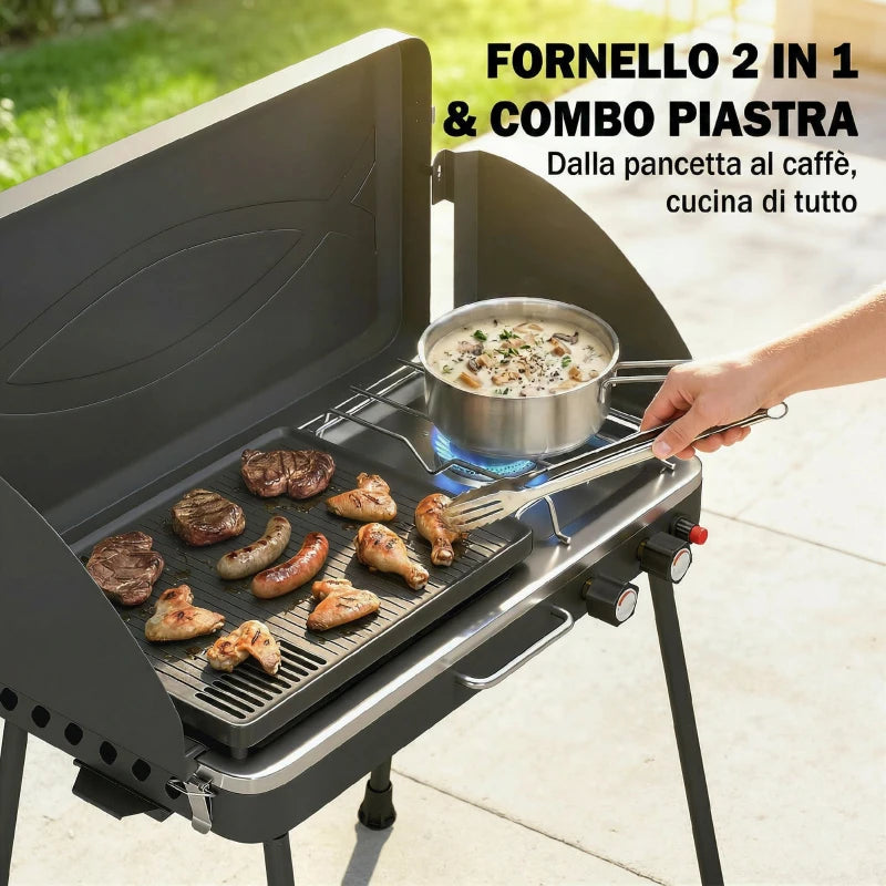 Outsunny BBQ a Gas Propano Portatile 2-in-1 con Griglia e Fornello, 7KW, Nero