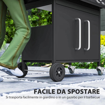 Outsunny Barbecue a Gas con Fornello Laterale, Tavolino e Armadietto, in Acciaio e PP, 129.5x56x110 cm, Nero