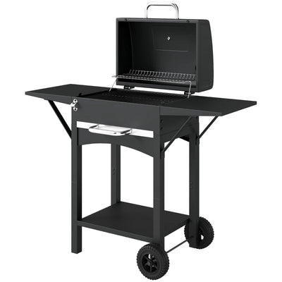 Outsunny Barbecue a Carbone con 2 Ripiani Laterali, Termometro, Coperchio e Ruote, 110x46.5x101 cm, Nero