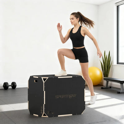SPORTNOW Plyo Box in Legno 3 in 1, Box Pliometrico per Salti Antiscivolo con Maniglie per Allenamento in Casa Palestra, 76x61x51 cm, Nero