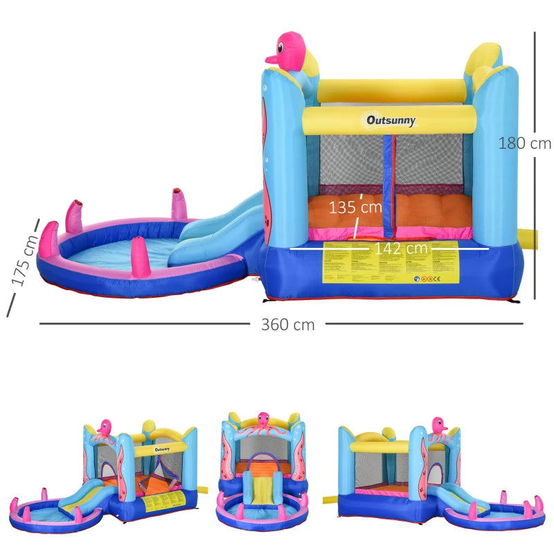 Outsunny Castello Gonfiabile Gigante e Rimbalzante per Bambini 3-8 Anni con Scivolo, Piscina e Gonfiatore 3.6x1.75x1.8m