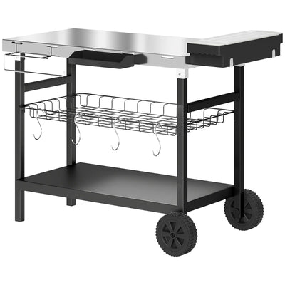 Outsunny Carrello Barbecue da Esterno con Piano in Acciaio Inossidabile, Porta Spezie, Ganci e Maniglia Laterale, Nero